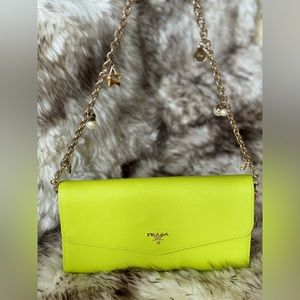 Prada Lime Green Clutch Purse with Chain Strap